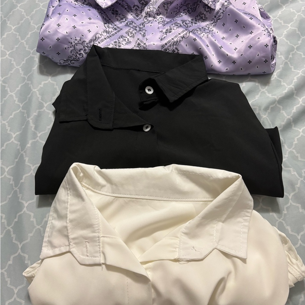 Size M Bundle/Pack of 3 Women’s Button-Up Blouse Shirts - Purple, Black, White
